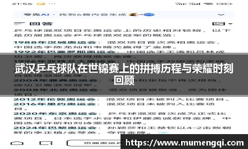 武汉乒乓球队在世锦赛上的拼搏历程与荣耀时刻回顾